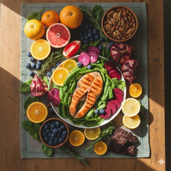Healthy foods to fight erectile dysfunction naturally — fruits, vegetables, nuts, and salmon on a wooden table.