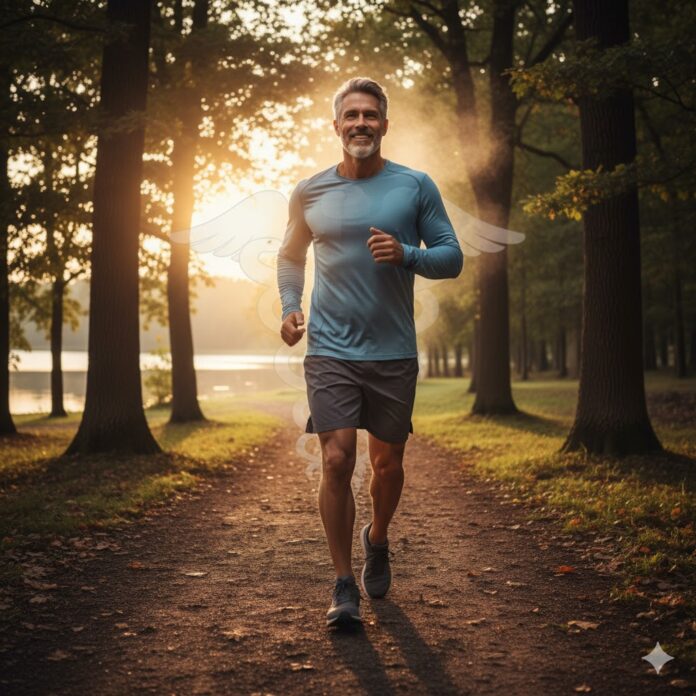 Middle-aged man jogging to improve blood flow and erectile function through exercise