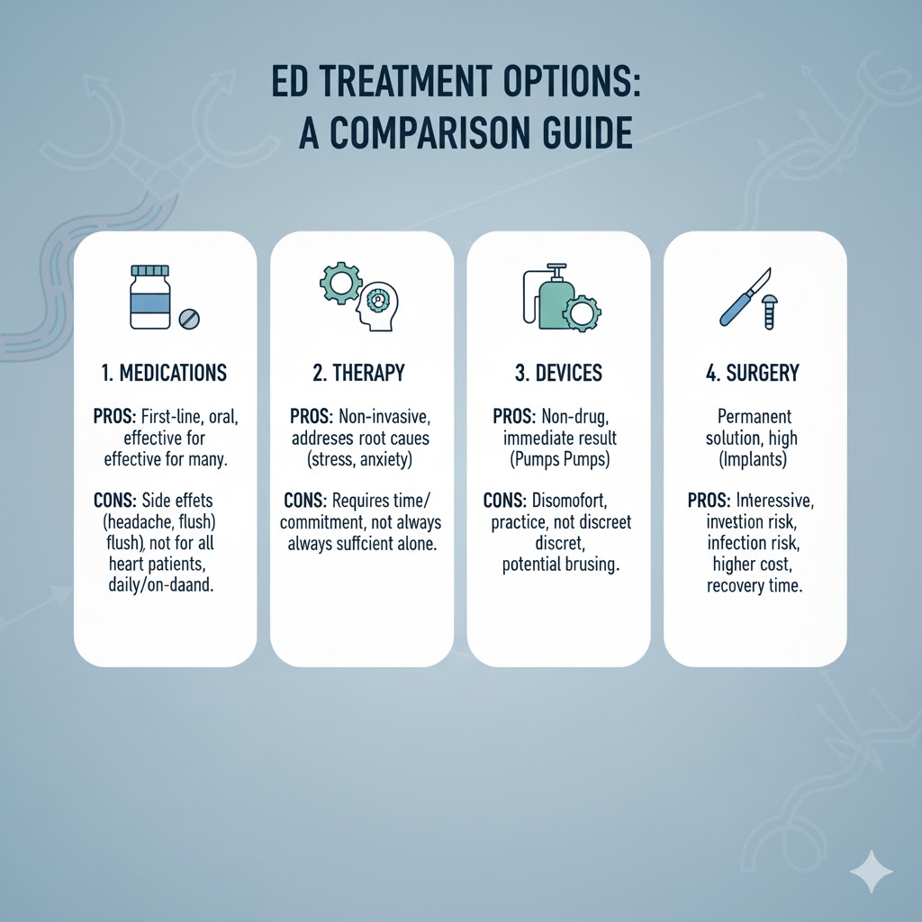 Infographic comparing common treatments for erectile dysfunction, including medication and lifestyle changes.